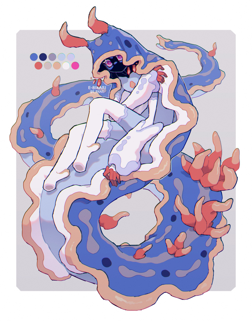 1girl, absurdres, artist_name, chromatic_aberration, color_guide, covered_face, digitigrade, e-8ikari