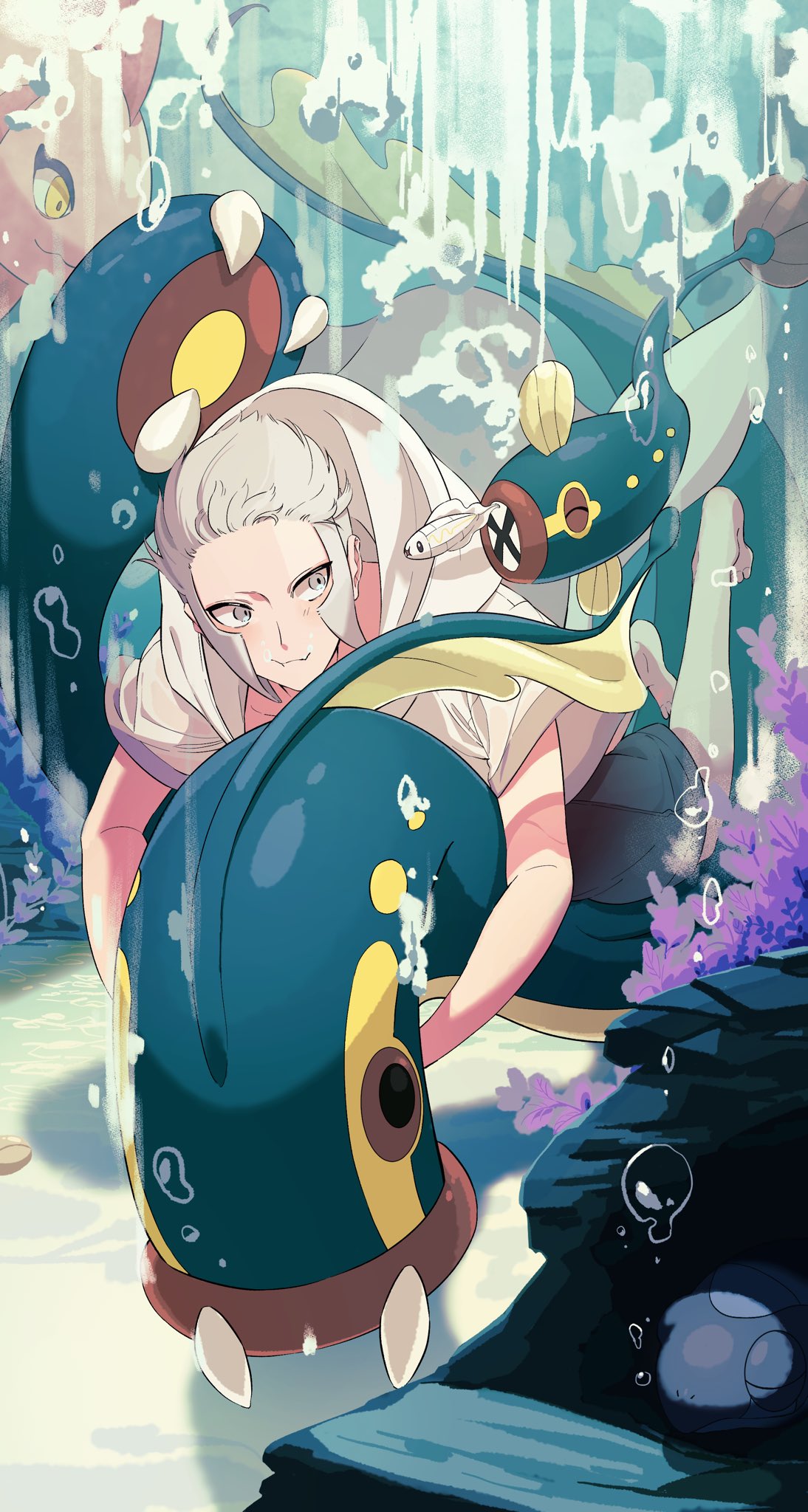 1boy, air_bubble, alomomola, barefoot, bubble, eelektrik, eelektross, emmet_(pokemon)