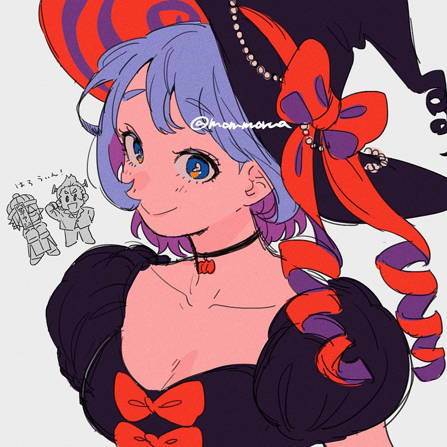 1girl, 2boys, :>, amajiki_tamaki, black_choker, black_dress, black_hat, blue_eyes