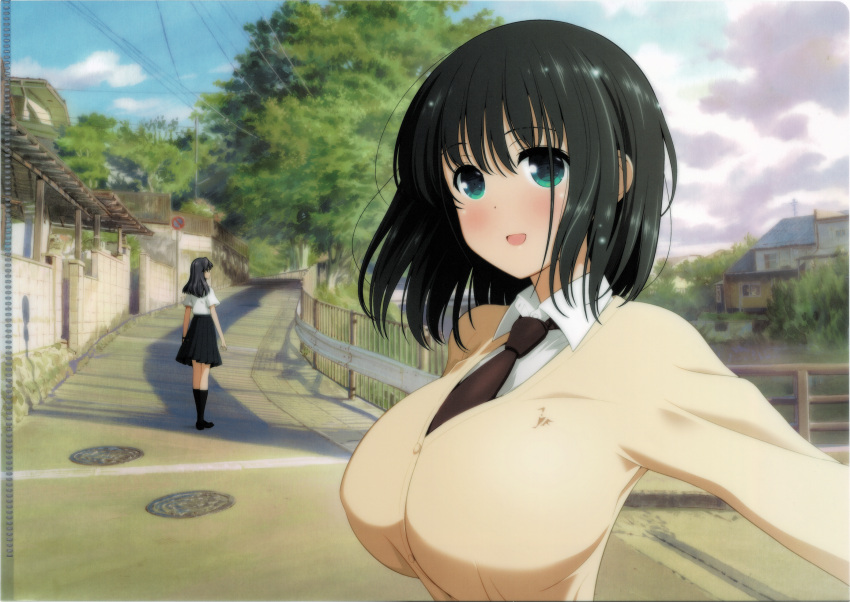 2girls, aqua_eyes, black_footwear, black_hair, black_skirt, black_socks, blush, breasts, cardigan, clouds, cloudy_sky, collared_shirt, fence, highres, house, huge_breasts, kajiki_yumi, kneehighs, kobayashi_ritz, loafers, long_hair, long_sleeves, looking_at_viewer, manhole_cover, medium_hair, medium_skirt, multiple_girls, non-web_source, official_art, open_mouth, outdoors, pleated_skirt, road, saki_(manga), school_uniform, shirt, shoes, short_sleeves, skirt, sky, smile, socks, standing, street, touyoko_momoko, tree, tsuruga_school_uniform, white_shirt, yellow_cardigan