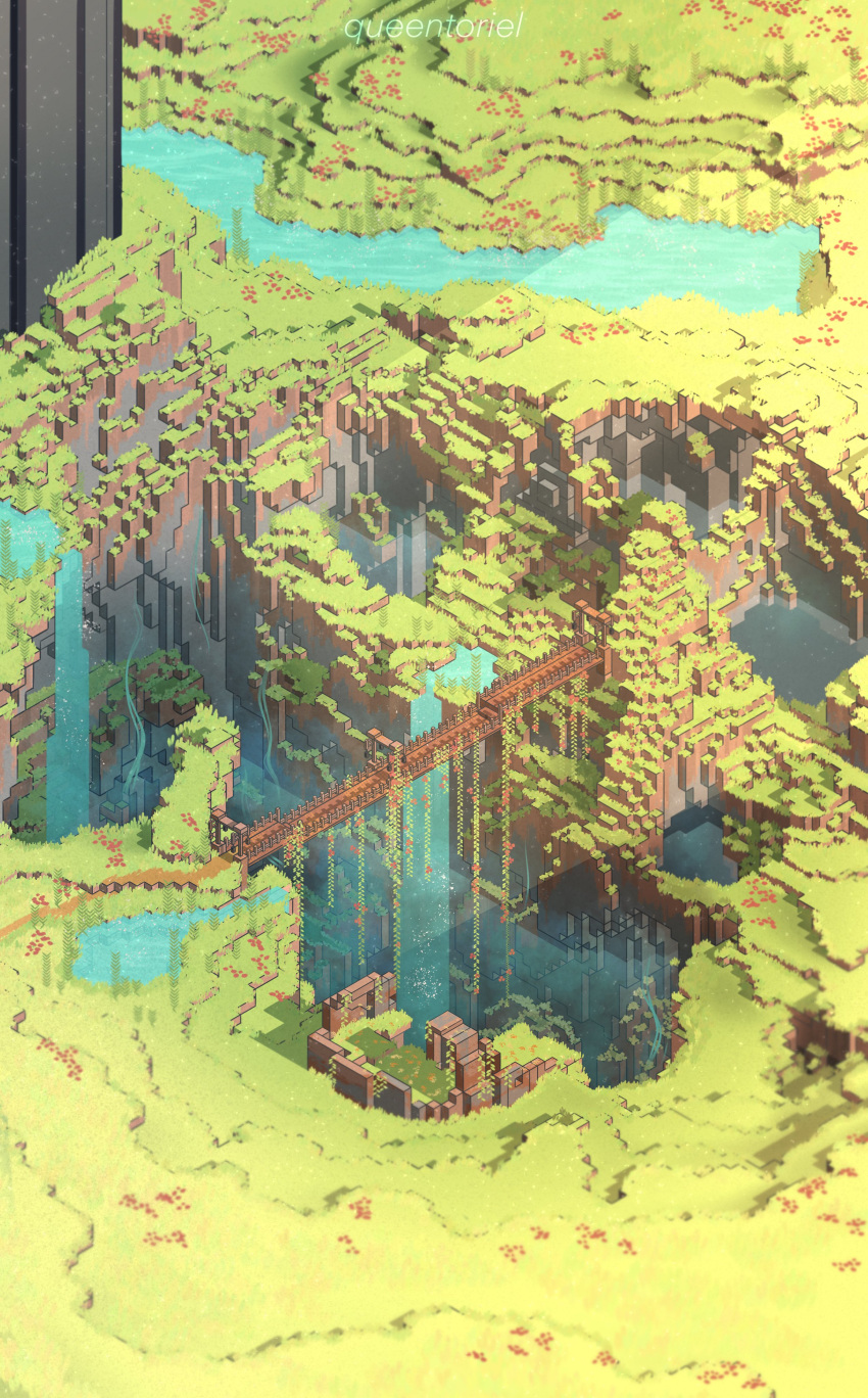 absurdres, block_(minecraft), bridge, commentary, dream_smp, english_commentary, flower, from_above