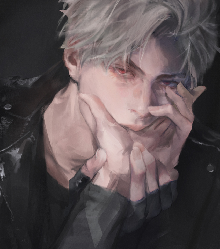 1boy, 1girl, absurdres, biting, biting_another's_hand, black_gloves, black_jacket, fingerless_gloves, gloves, grey_hair, hetero, highres, jacket, lips, long_sleeves, looking_at_viewer, love_and_deepspace, male_focus, out_of_frame, protagonist_(love_and_deepspace), red_eyes, ryeomiii, short_hair, solo_focus, sylus_(love_and_deepspace)