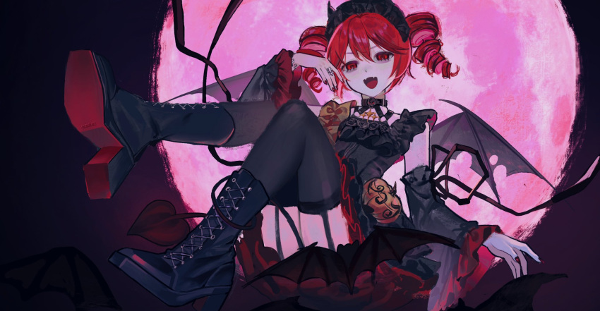 1girl, alternate_costume, bat_(animal), bat_wings, black_dress, black_footwear, black_sleeves, black_thighhighs, boots, choker, cross-laced_footwear, crossed_legs, demon_tail, demon_wings, detached_sleeves, dress, drill_hair, fangs, frilled_dress, frills, full_body, full_moon, garter_straps, guiuiuiui, hair_between_eyes, high_heel_boots, high_heels, highres, horns, huge_moon, kasane_teto, long_sleeves, looking_at_viewer, moon, nail_polish, night, open_mouth, red_eyes, red_moon, red_nails, redhead, short_hair, sky, smile, solo, tail, thigh-highs, twin_drills, utau, wide_sleeves, wings