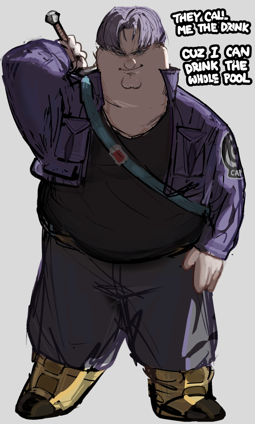 1boy, absurdres, black_shirt, cleft_chin, cosplay, dragon_ball, dragon_ball_z, english_text, family_guy, fat, fat_man, grey_background, grey_pants, highres, jacket, kowai_(iamkowai), male_focus, pants, peter_griffin, purple_hair, purple_jacket, shirt, solo, standing, sword, sword_on_back, trunks_(dragon_ball), trunks_(future)_(dragon_ball), trunks_(future)_(dragon_ball)_(cosplay), weapon, weapon_on_back, yellow_footwear