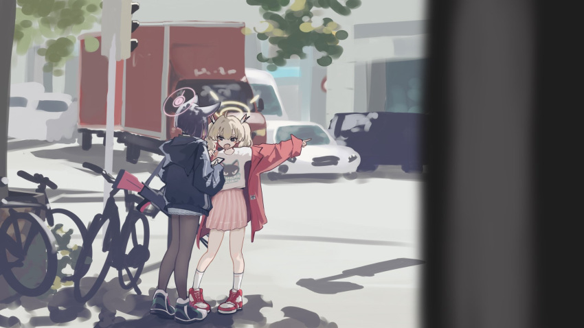 2girls, angry, animal_ears, bicycle, black_eyes, black_hair, black_hoodie, black_pantyhose