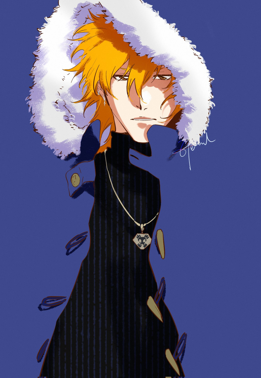 1boy, alternate_hair_length, alternate_hairstyle, bleach, blue_coat, braised_goose, brown_eyes, coat, earrings, fur-trimmed_hood, fur_trim, highres, hood, hooded_coat, jewelry, kurosaki_ichigo, looking_at_viewer, male_focus, necklace, open_clothes, open_coat, orange_hair, parted_lips, signature, solo, striped_clothes, sweater, turtleneck, turtleneck_sweater, upper_body, vertical-striped_clothes, vertical-striped_sweater