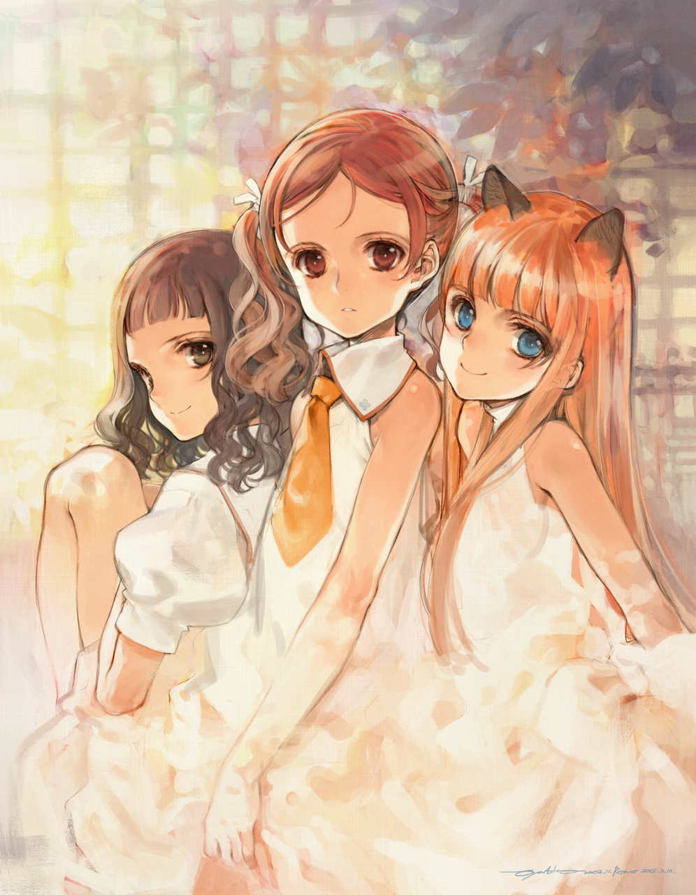 3girls, animal_ears, blue_eyes, brown_eyes, brown_hair, cat_ears, child, collared_dress