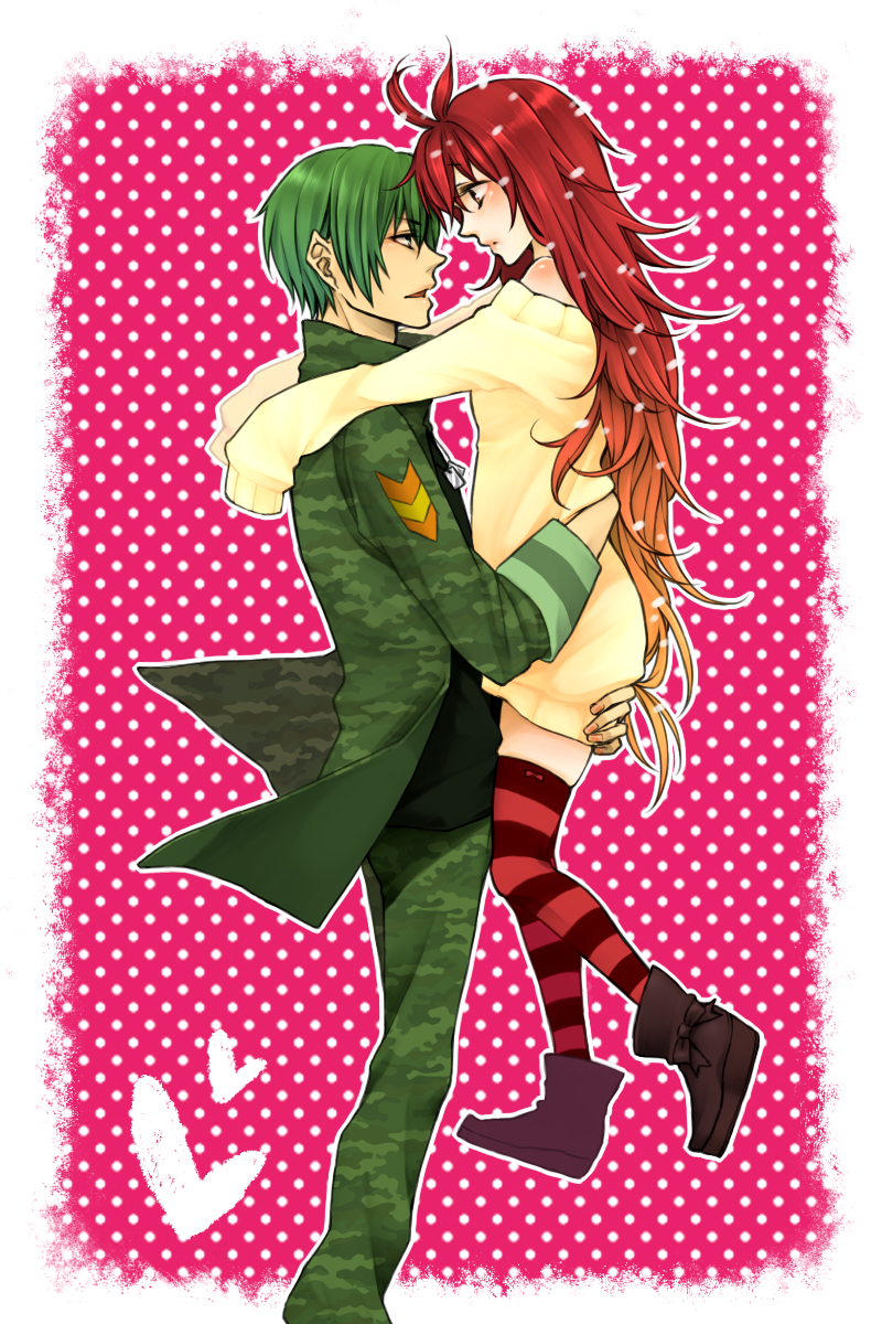 1girl, bad_id, boots, couple, dandruff, eye_contact, fatalizer, flaky
