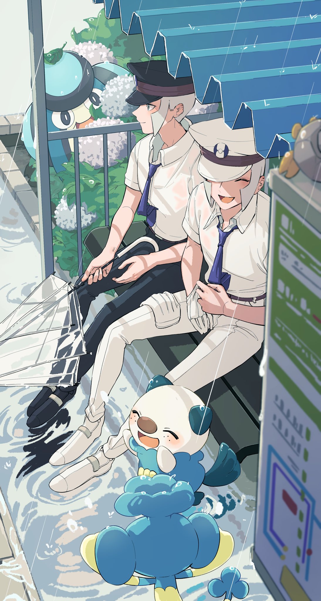 2boys, belt, bench, black_footwear, black_hat, blue_necktie, brothers, bus_stop