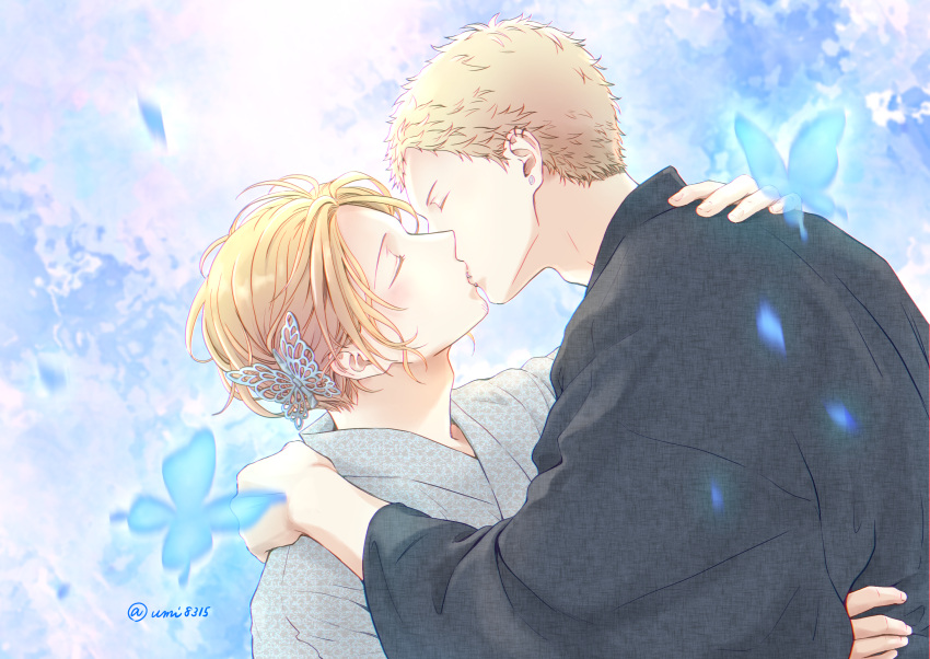 2boys, artist_name, black_kimono, blonde_hair, blue_butterfly, bug, butterfly, butterfly_hair_ornament