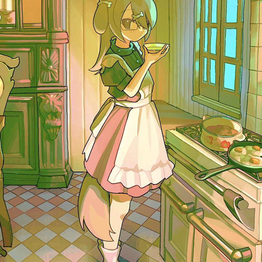 1girl, animal_ears, apron, bone_hair_ornament, cooking, cooking_pot, dog_ears, dog_girl, dog_tail, dress, feet_out_of_frame, fried_egg, frilled_apron, frills, frying_pan, hair_ornament, hair_over_one_eye, highres, holding, indoors, kagenoyuhi, long_hair, looking_at_viewer, nuinuiwawan_(character), one_eye_covered, original, short_dress, short_sleeves, solo, standing, stove, tail, tile_floor, tiles, white_apron, window