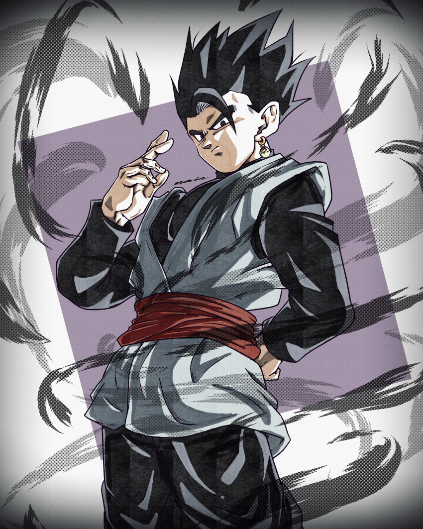 1boy, absurdres, arm_behind_back, black_eyes, black_hair, black_pants, commentary_request, dragon_ball