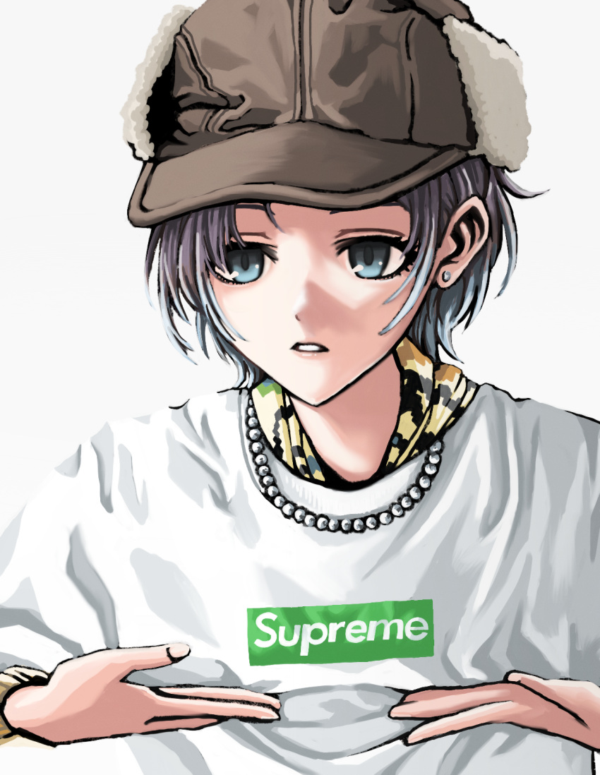 1girl, asakura_toru, bead_necklace, beads, blue_eyes, blue_hair, brown_hat, camouflage
