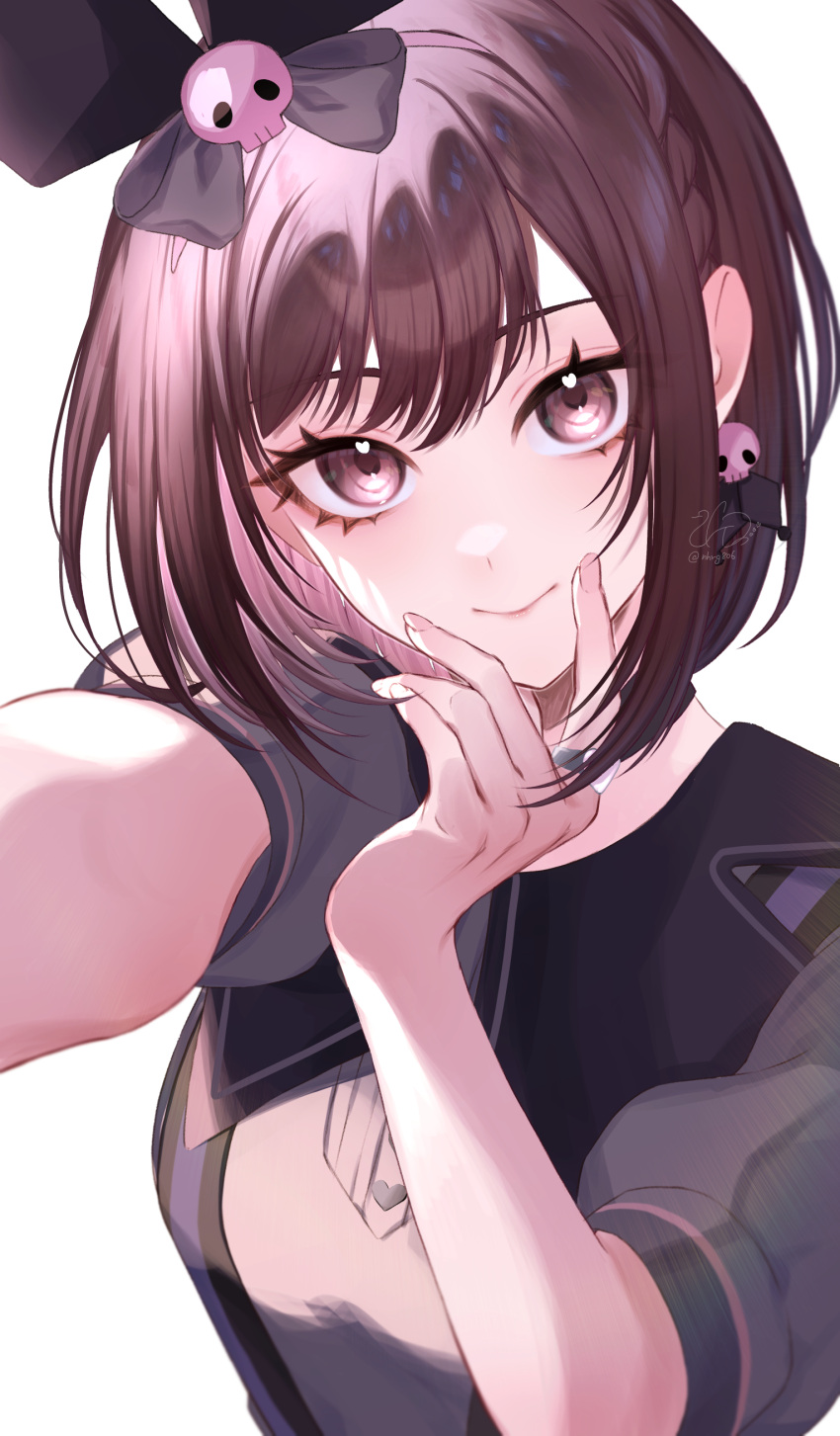 1girl, absurdres, black_bow, bow, braid, brown_eyes, brown_hair, choker