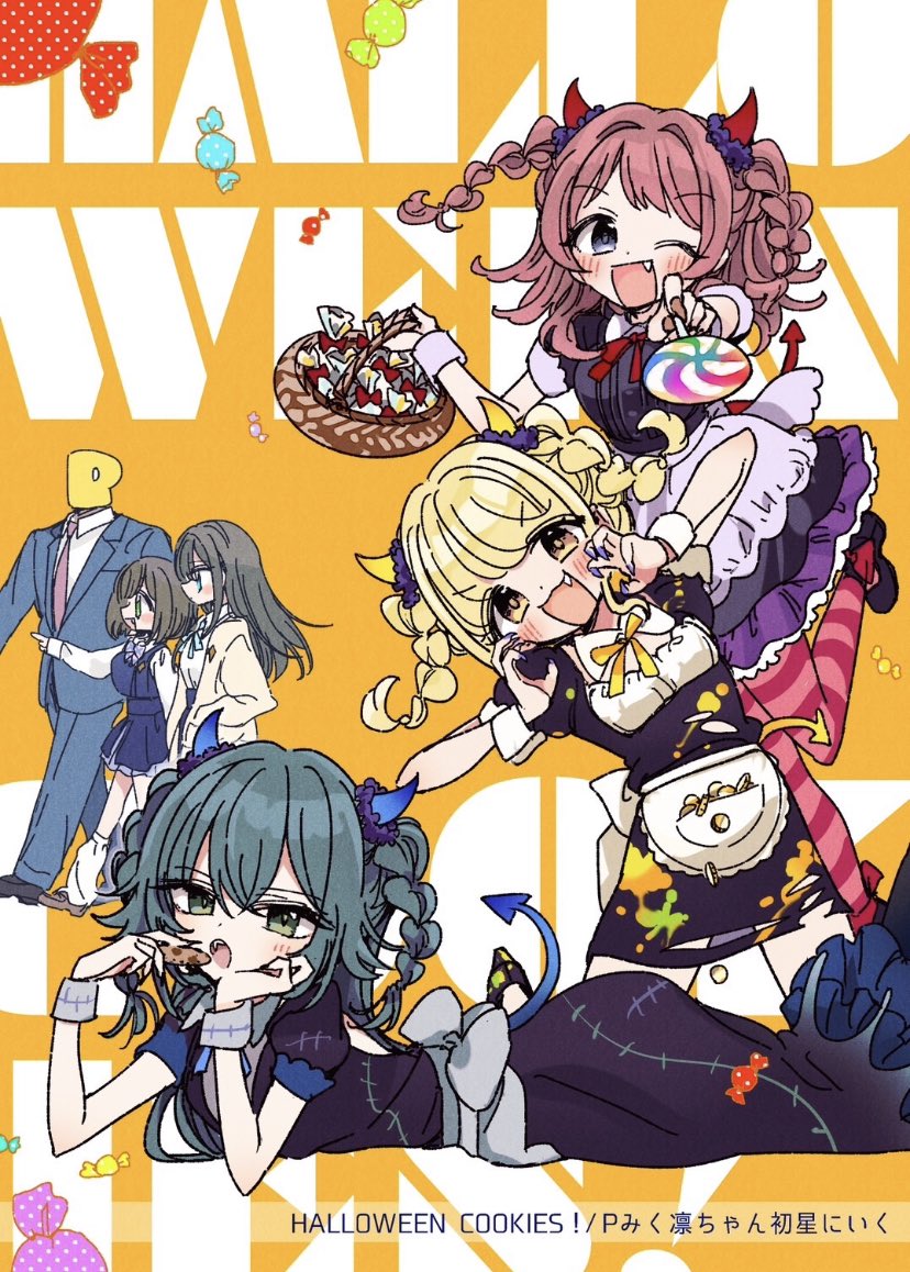 1boy, 5girls, :d, :o, ;d, alternate_costume, basket, blonde_hair