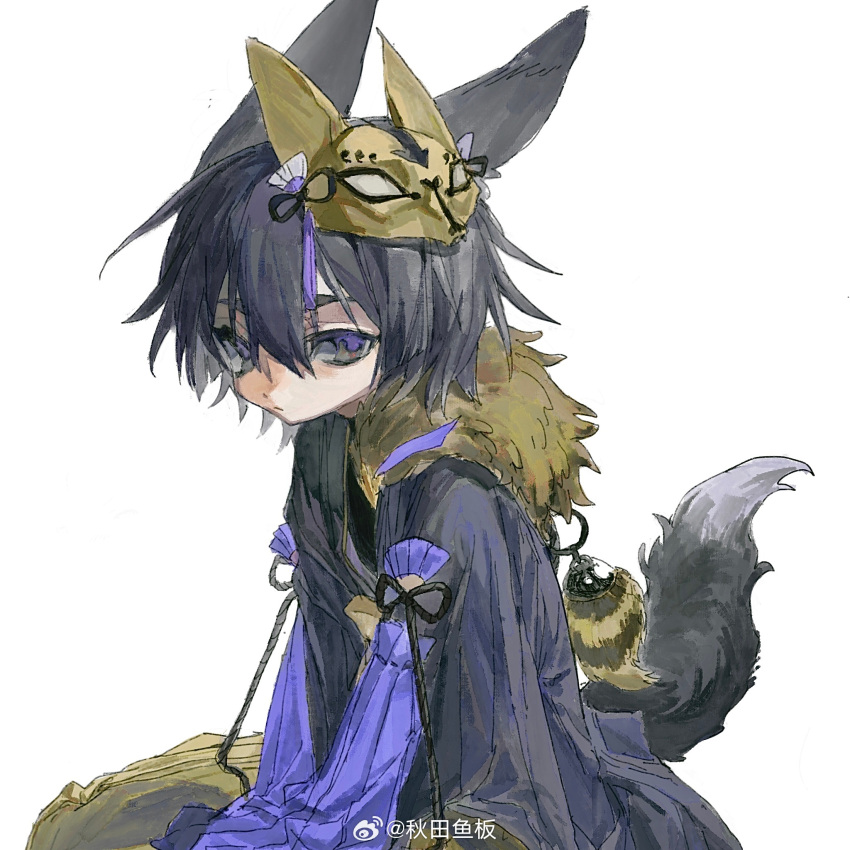 1boy, animal_ears, aoi_(cariiiie), black_hair, black_shirt, character_request, closed_mouth, commentary