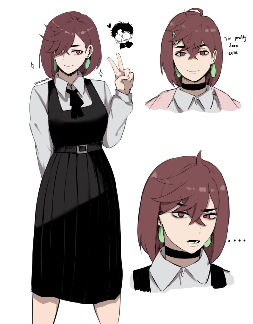 ..., 1boy, 1girl, absurdres, ayase_momo, black_choker, black_dress, brown_eyes