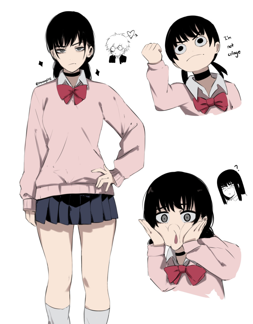 1boy, 2girls, ?, absurdres, ayase_momo, ayase_momo_(cosplay), black_hair, blue_skirt, bow, chainsaw_man, clenched_hand, cosplay, dandadan, denji_(chainsaw_man), grey_shirt, highres, low_twintails, masoq, mitaka_asa, multiple_girls, pink_sweater, pleated_skirt, red_bow, shirt, skirt, solo_focus, sweater, twintails, yoru_(chainsaw_man)