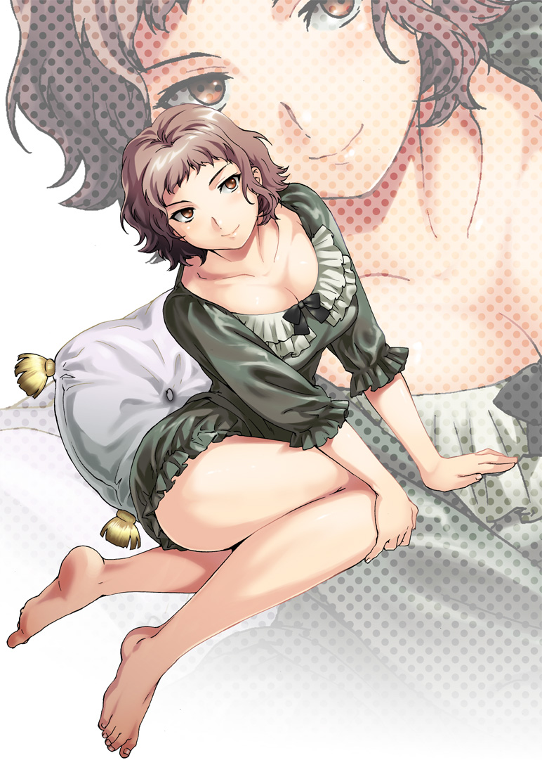 amber_eyes, artist_request, barefoot, breasts, brown_eyes, brown_hair, cleavage, collarbone