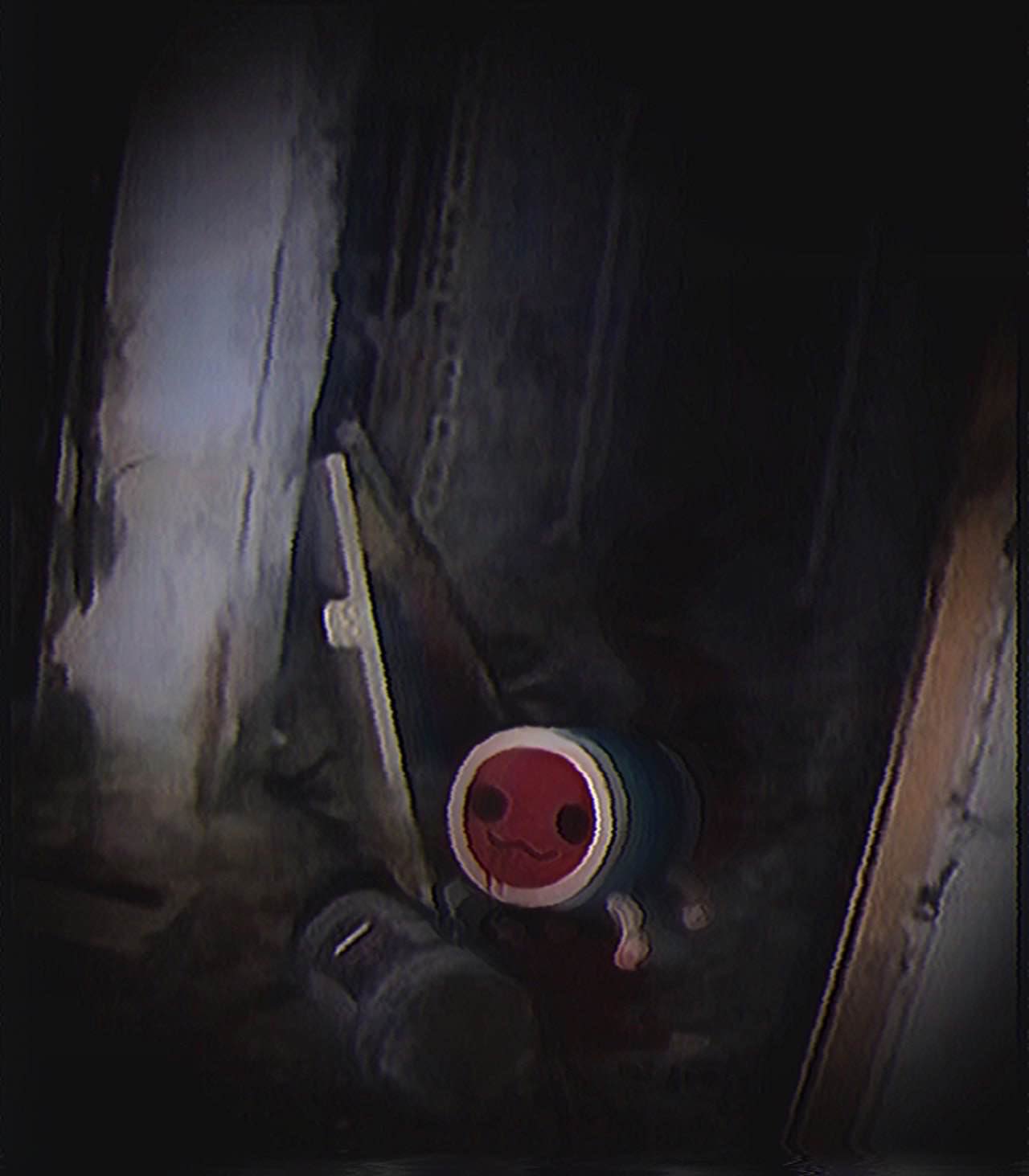 :3, abandoned, blood, blood_from_mouth, commentary, dark, drum, highres, horror_(theme), indoors, instrument, mollymishy, no_humans, taiko_drum, taiko_no_tatsujin, wada_don