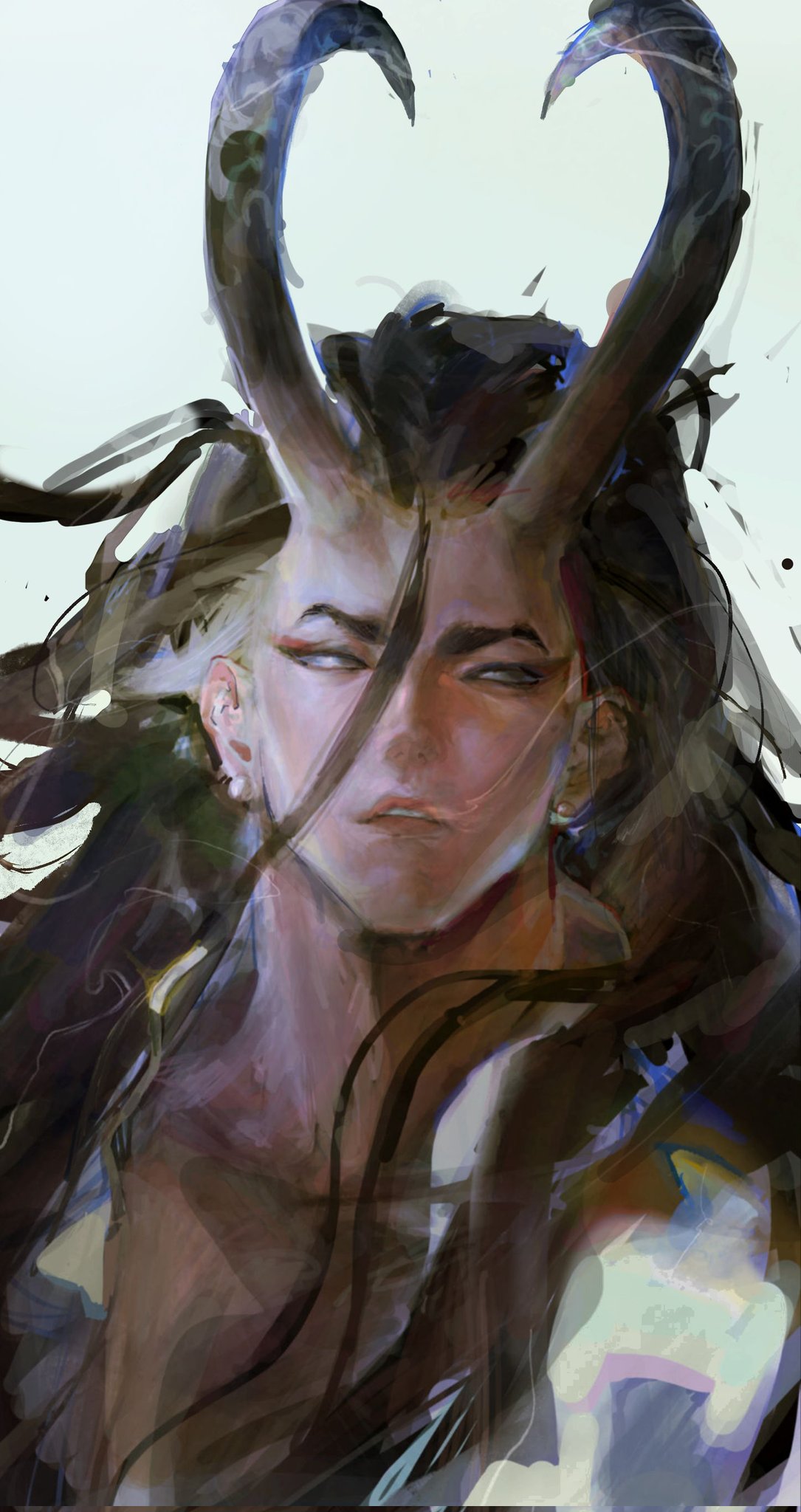 1boy, alsonotdon, alternate_universe, black_eyes, black_hair, commentary, dark-skinned_male, dark_skin, demon_horns, ear_piercing, earrings, eyeliner, hair_down, highres, horns, jamie_siu, jewelry, long_hair, looking_to_the_side, makeup, male_focus, parted_lips, piercing, red_eyeliner, solo, street_fighter, street_fighter_6, stud_earrings, symbol-only_commentary, upper_body, white_background