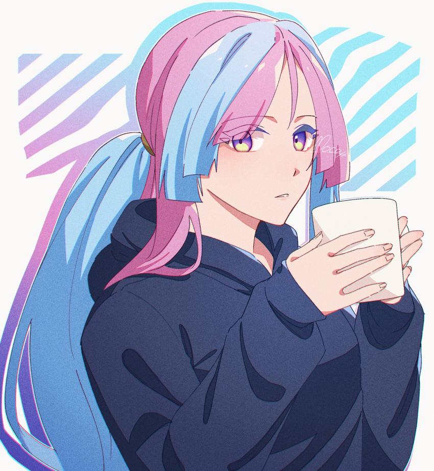 1girl, alternate_costume, black_hoodie, blue_hair, commentary_request, cup, hands_up, highres, holding, hood, hood_down, hoodie, iono_(pokemon), long_hair, looking_to_the_side, mocacoffee_1001, mug, multicolored_hair, parted_lips, pokemon, pokemon_sv, purple_hair, signature, sleeves_past_wrists, solo, two-tone_hair, upper_body, violet_eyes