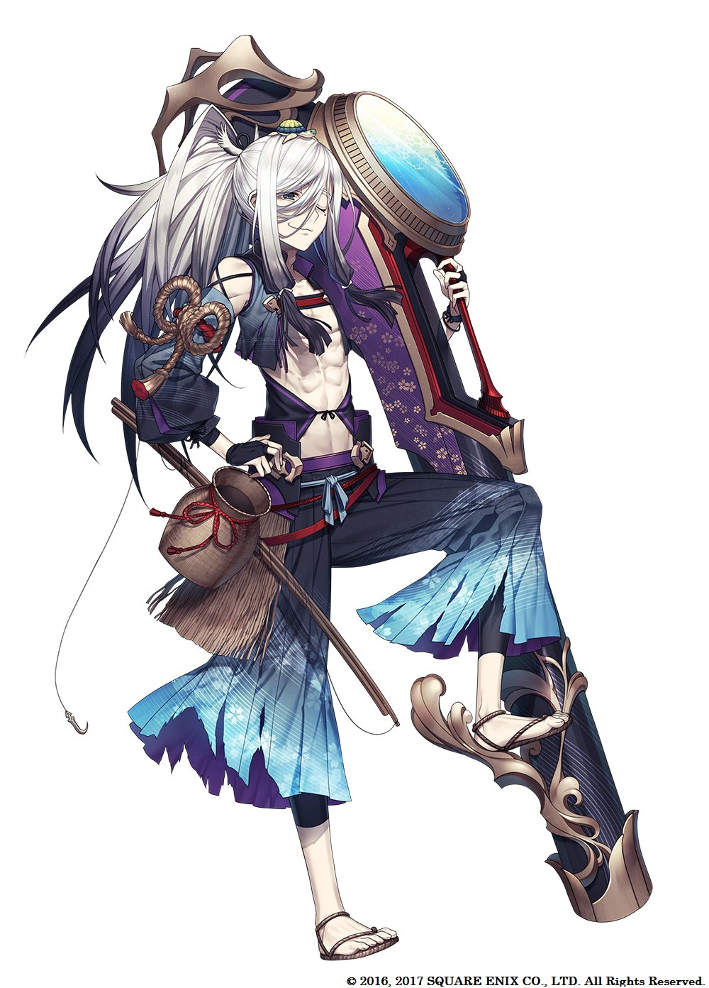 1boy, blue_eyes, copyright_notice, gradient_hair, grimms_notes, highres, holding, holding_cannon