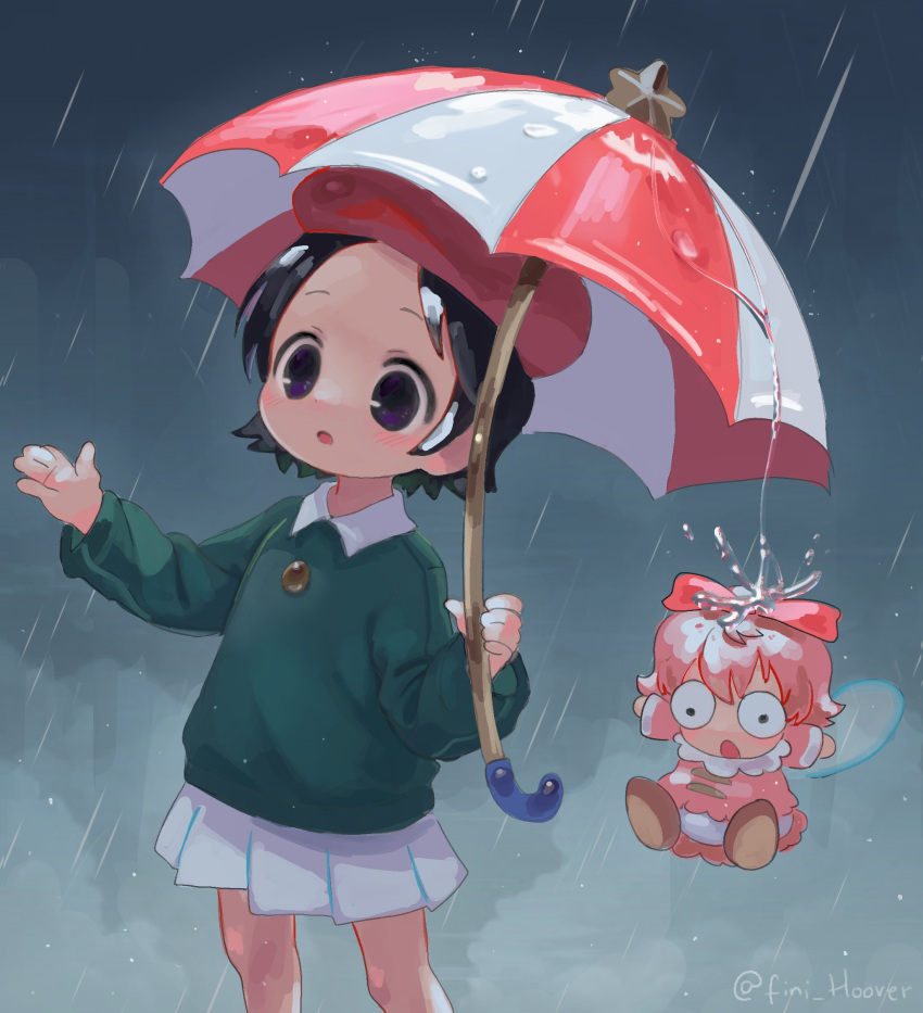2girls, adeleine, artist_name, beret, black_eyes, black_hair, blush, bow