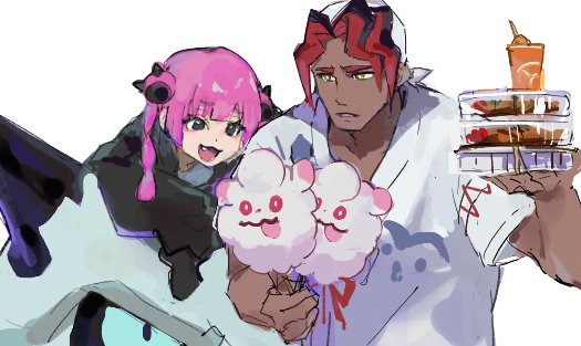 1boy, 1girl, :d, bandana, black_hair, coral_(pokemon), cotton_candy, dark-skinned_male