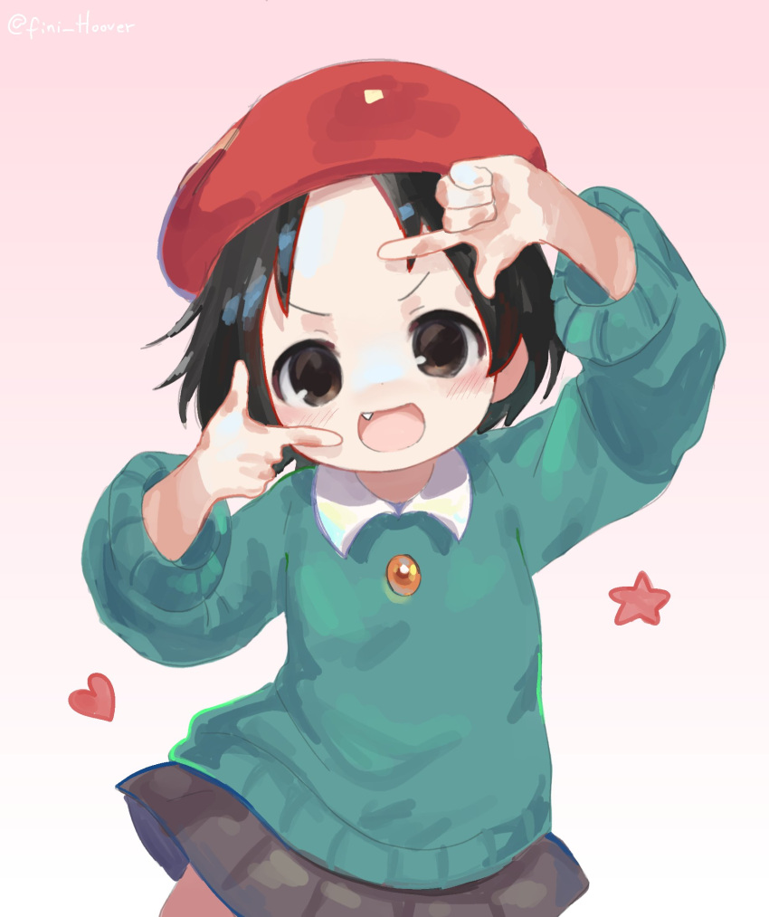 1girl, adeleine, beret, black_eyes, black_hair, black_skirt, blush, fang