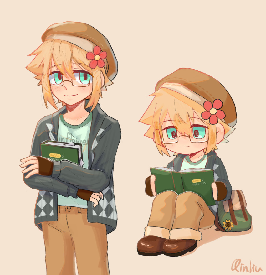 1boy, artist_name, basil_(faraway)_(omori), basil_(omori), bespectacled, black-framed_eyewear, blonde_hair, blue_eyes, book, brown_pants, chibi, closed_mouth, flower, glasses, green_shirt, hair_flower, hair_ornament, highres, holding, holding_book, long_sleeves, looking_at_viewer, male_focus, omori, pants, qinliu_cat, reading, rectangular_eyewear, semi-rimless_eyewear, shirt, short_hair, sitting, smile, solo, under-rim_eyewear
