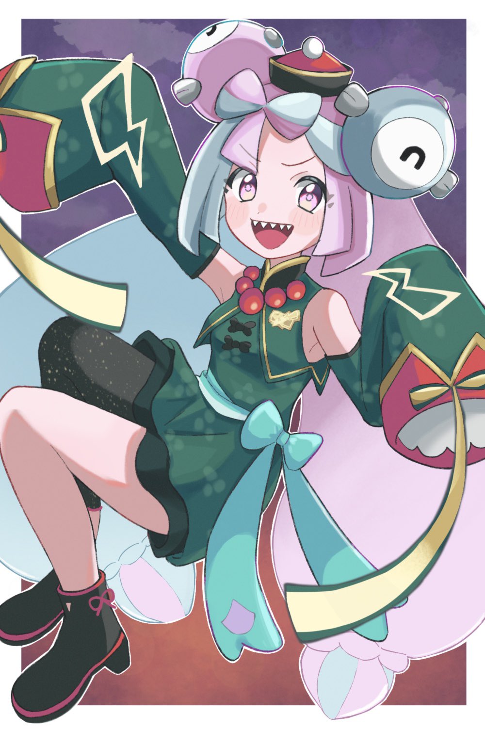 1girl, :d, aritsune01, black_footwear, bow, bow-shaped_hair, character_hair_ornament, commentary_request