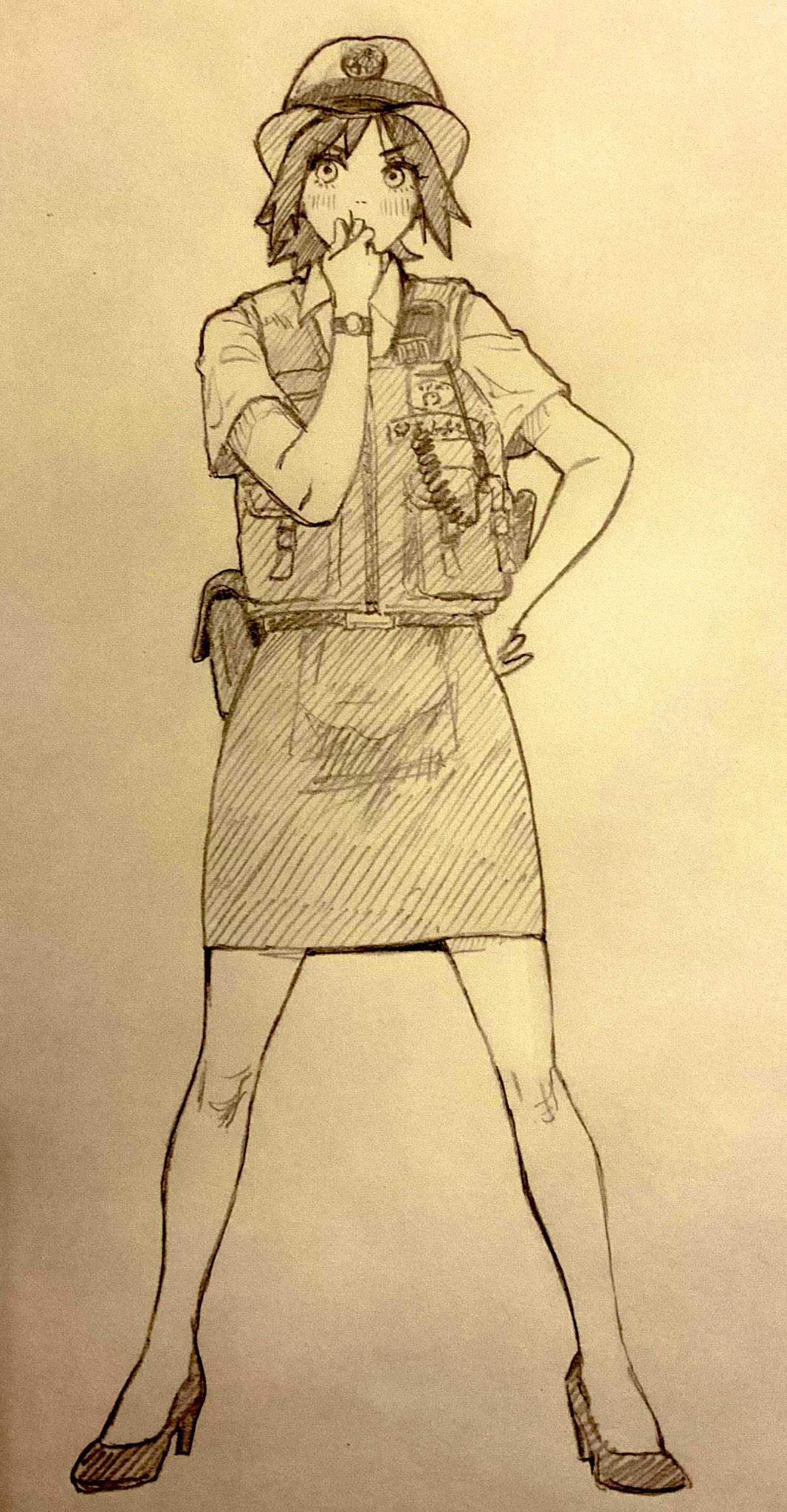 1girl, belt, black_footwear, blowing_whistle, bulletproof_vest, commentary, female_service_cap, full_body, graphite_(medium), hand_on_own_hip, hat, high_heels, highres, holster, japan_national_police, monochrome, mori_chizuru, osg_pk, police, police_and_lady, police_hat, police_uniform, policewoman, short_sleeves, traditional_media, walkie-talkie, watch, watch, whistle