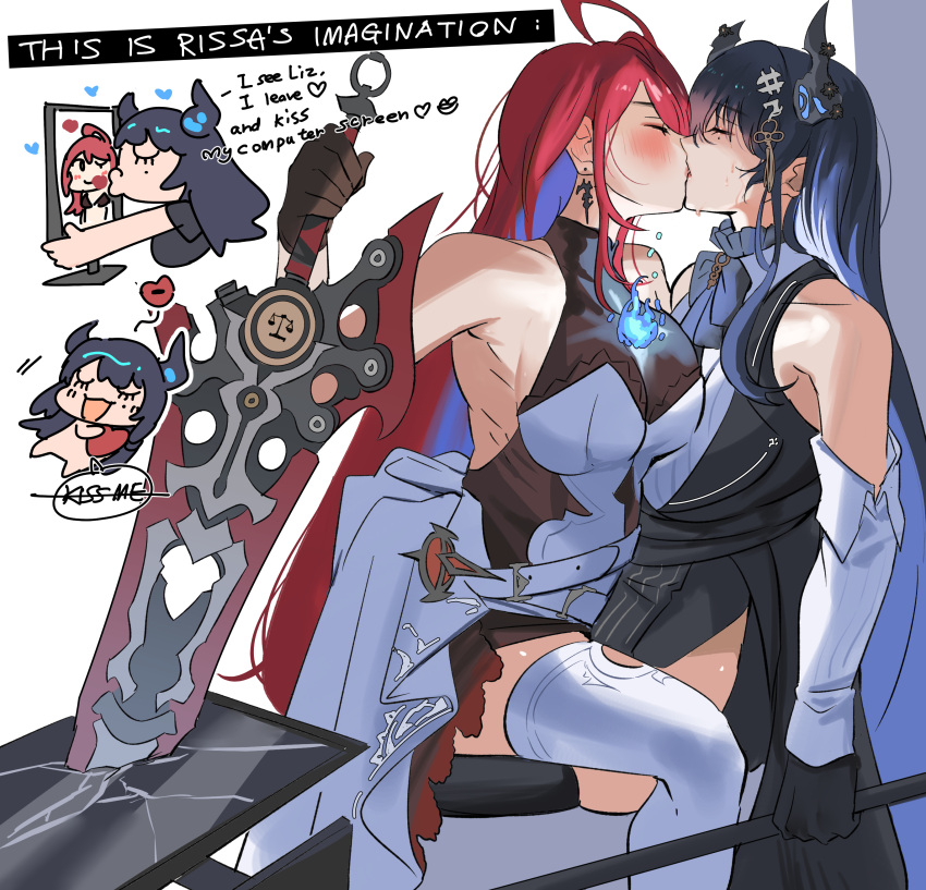 2girls, absurdres, asymmetrical_horns, bare_shoulders, black_dress, black_hair, blue_hair, blush