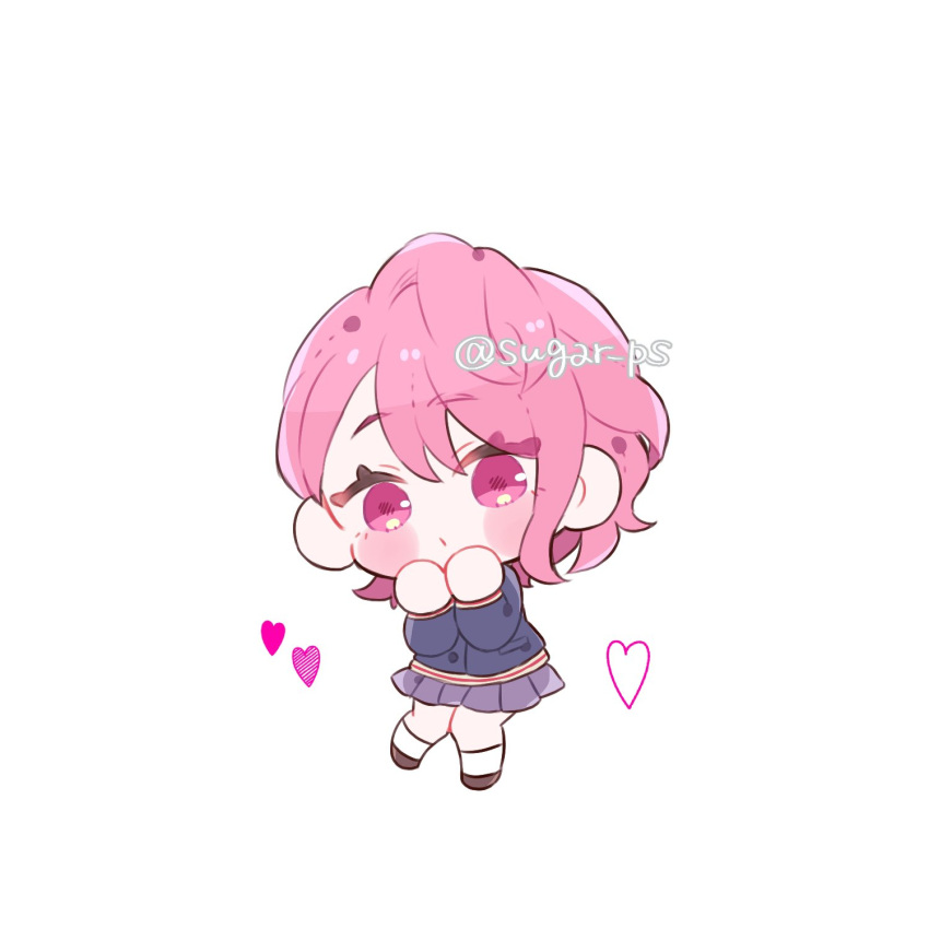 1girl, blue_jacket, blush_stickers, brown_footwear, chibi, chibi_only, commentary_request, dandadan, full_body, heart, highres, ikura_(sugar_ps), jacket, looking_at_viewer, miniskirt, pink_eyes, pink_hair, pleated_skirt, school_uniform, shiratori_aira_(dandadan), short_hair, simple_background, single_sidelock, skirt, socks, solo, twitter_username, white_background, white_socks