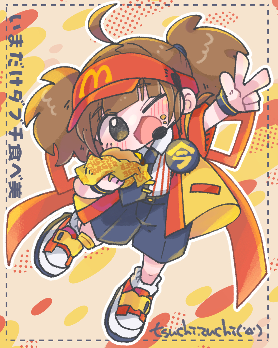 1girl, ahoge, bracelet, brown_hair, burger, chibi, double_cheese_(mcdonald's), employee_uniform