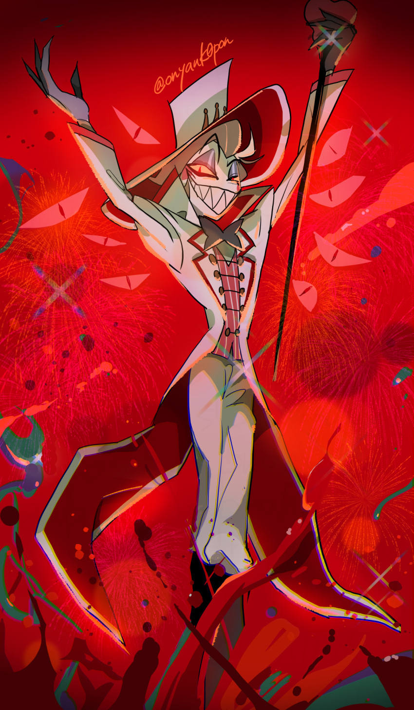 1boy, arms_up, black_footwear, blonde_hair, blush_stickers, demon_boy, grin, hair_slicked_back