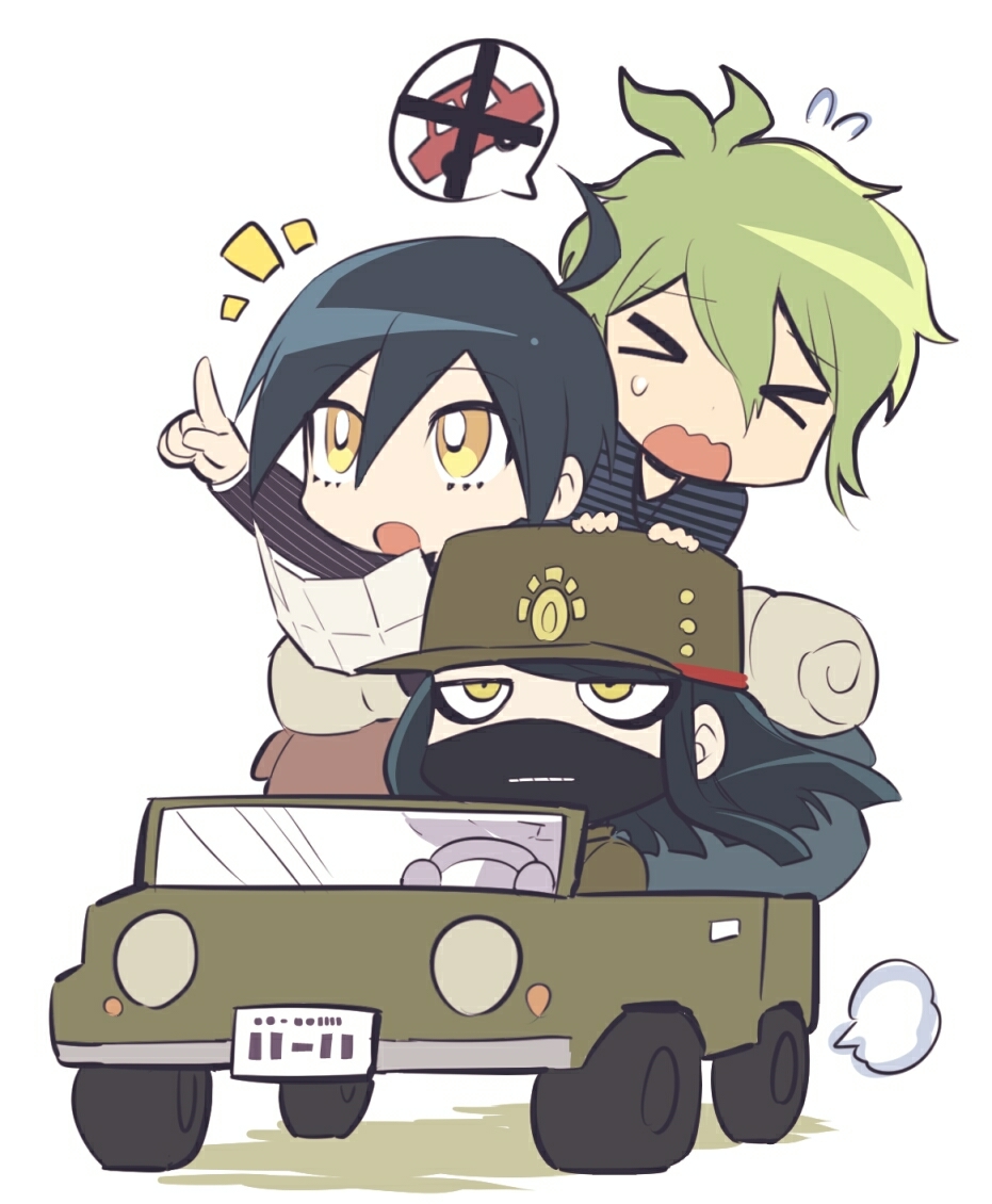 >_<, 3boys, ahoge, amami_rantaro, annoyed, antenna_hair, backpack, bag