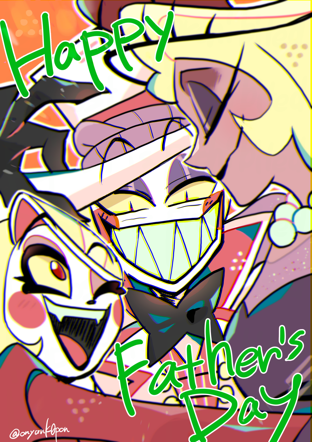 1boy, 2girls, blonde_hair, blush_stickers, charlie_morningstar, demon_boy, family, father's_day