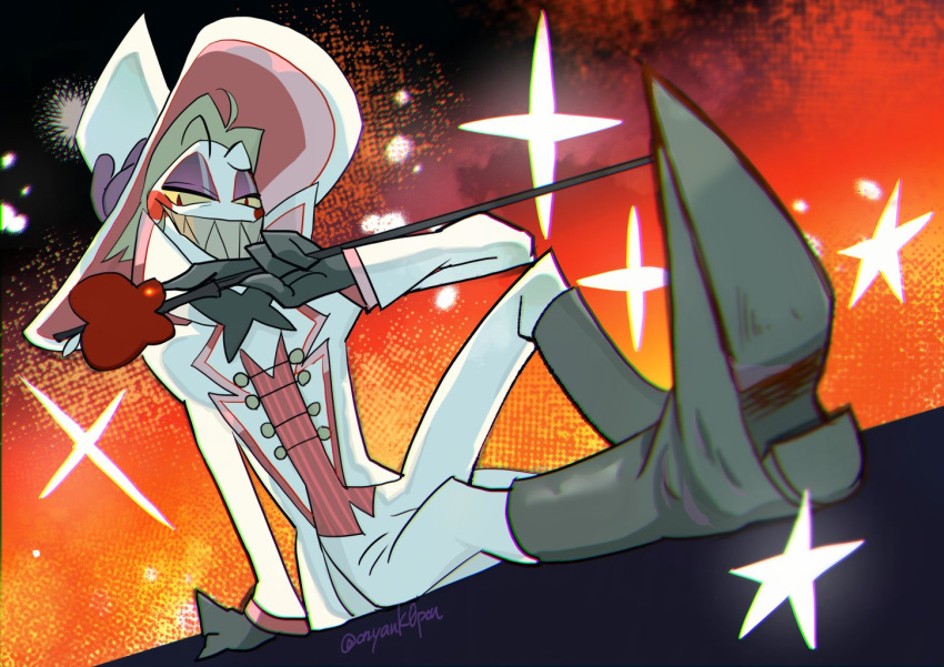 1boy, blonde_hair, blush_stickers, demon_boy, grin, hair_slicked_back, hazbin_hotel, kin_(58n58n58n)