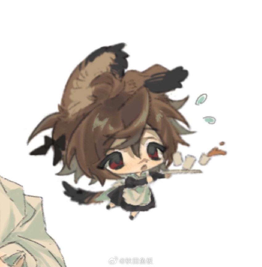 1boy, animal_ears, aoi_(cariiiie), apron, black_bow, black_dress, bow, brown_hair, chinese_commentary, commentary_request, crossdressing, cup, dog_boy, dog_boy_(aoi_(cariiiie)), dog_ears, dog_tail, dress, flying_sweatdrops, hair_bow, holding, holding_tray, juliet_sleeves, long_sleeves, maid, maid_apron, male_focus, male_maid, open_mouth, original, otoko_no_ko, puffy_sleeves, red_eyes, scar, scar_on_face, scar_on_nose, short_hair, simple_background, solo, spilling, tail, tray, weibo_watermark, white_apron, white_background