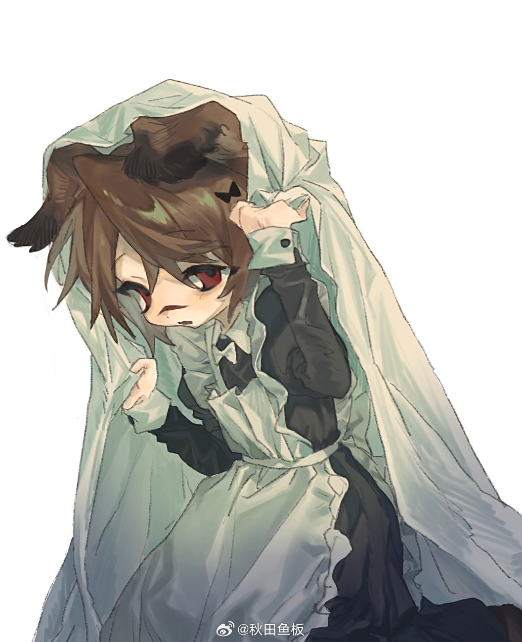 1boy, animal_ears, aoi_(cariiiie), apron, black_bow, black_dress, blanket, bow