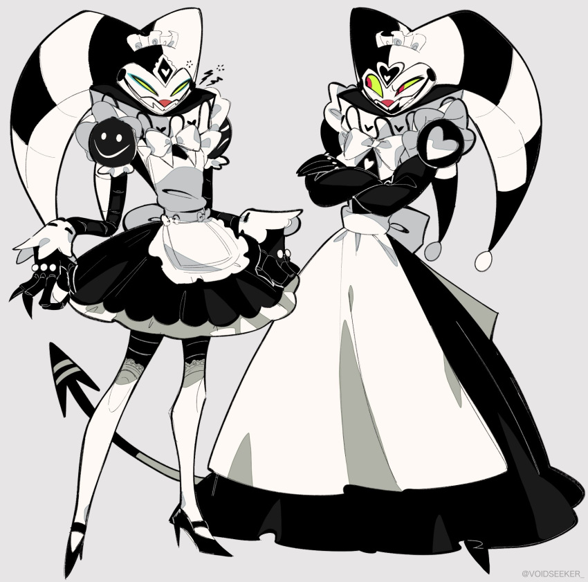 2boys, apron, black_dress, crossdressing, demon_boy, demon_tail, dress, fizzarolli_(helluva_boss)