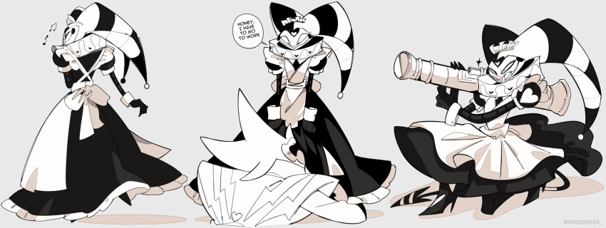 2boys, apron, asmodeus_(helluva_boss), black_dress, crossdressing, dress, fizzarolli_(helluva_boss), helluva_boss