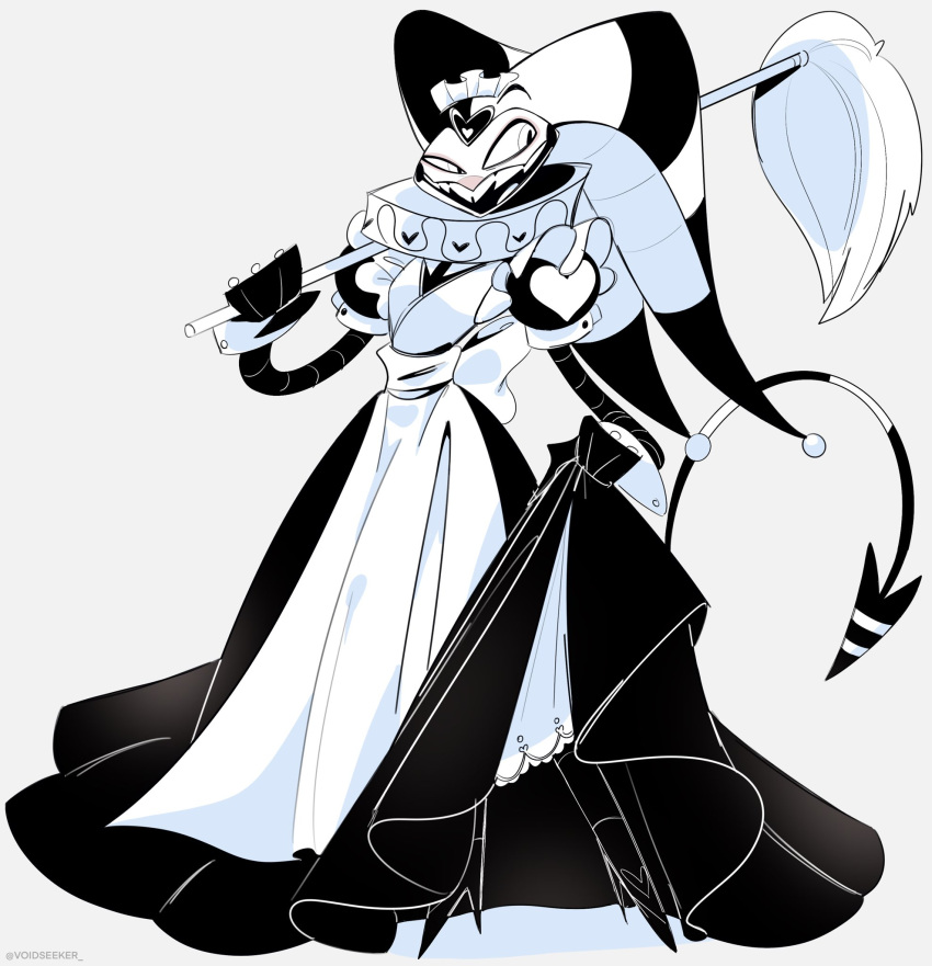 1boy, apron, black_dress, crossdressing, demon_boy, demon_tail, dress, fizzarolli_(helluva_boss)
