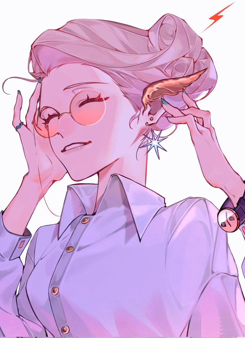 1girl, blonde_hair, buttons, closed_eyes, collared_shirt, emma_(veil), hair_bun, highres, jewelry, light_smile, nynnynmoimoi, ring, shirt, simple_background, smile, solo, sunglasses, upper_body, veil_(manga), watch, white_background, white_shirt