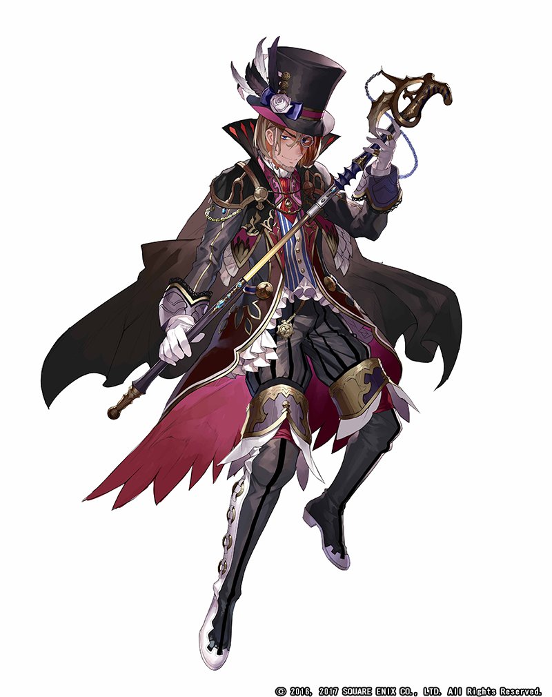 1boy, arsene_lupin_(grimms_notes), black_hat, blue_eyes, brown_hair, cape, copyright_notice, gaou_(umaiyo_puyoman)