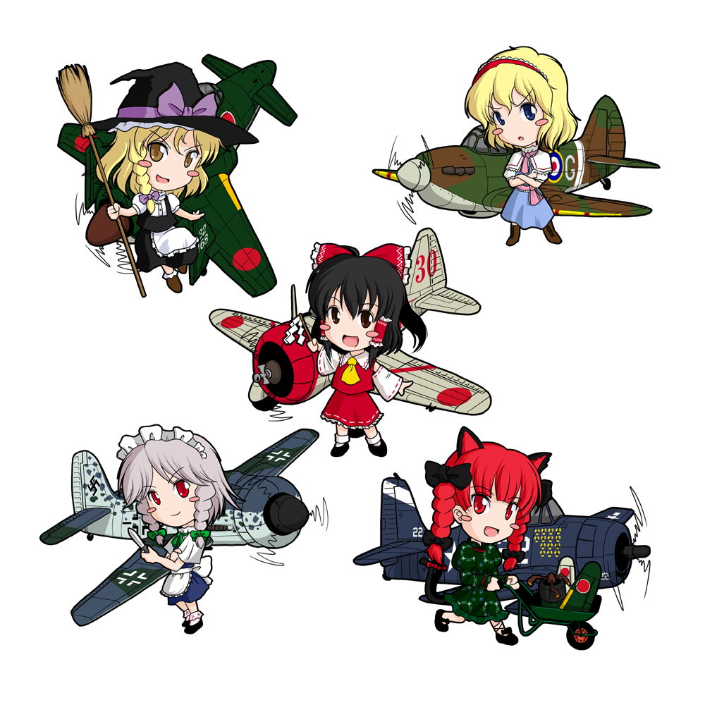 a6m_zero, airplane, alice_margatroid, animal_ears, ascot, black_hair, blonde_hair, blue_eyes, blush_stickers, bow, braid, broom, brown_eyes, capelet, cat_ears, cat_tail, chibi, crossed_arms, fw_190, gohei, grumman_f6f, hair_bow, hairband, hakurei_reimu, hat, izayoi_sakuya, kaenbyou_rin, kirisame_marisa, knife, kyuushuu_j7w_shinden, long_hair, maid, maid_headdress, military, multiple_girls, nakajima_ki-27, red_eyes, red_hair, redhead, sakurato_tsuguhi, short_hair, silver_hair, simple_background, supermarine_spitfire, tail, throwing_knife, touhou, twin_braids, weapon, wheelbarrow, witch, witch_hat, world_war_ii, wreckage, wwii, yellow_eyes