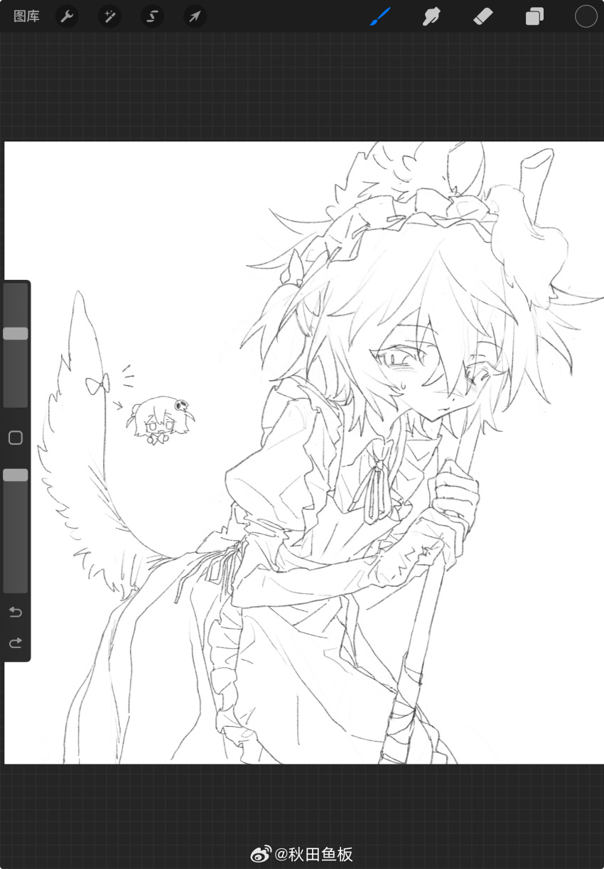 1boy, 1girl, animal_ears, aoi_(cariiiie), art_program_in_frame, chibi, chibi_inset, chinese_commentary