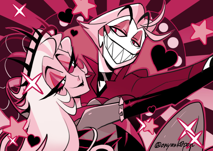 1boy, 1girl, blush_stickers, couple, dancing, demon_boy, demon_girl, demon_horns